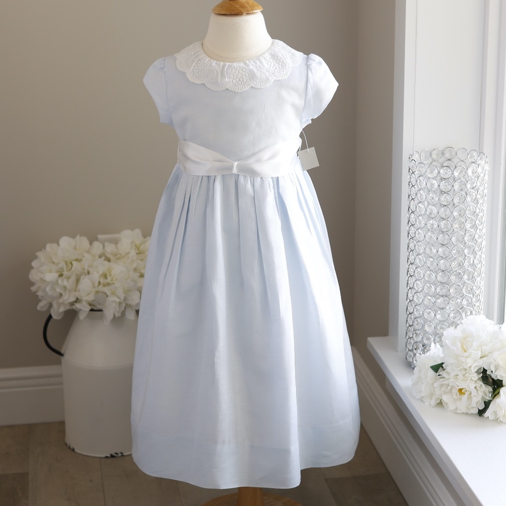 Girls Blue LINEN Boutique Dress Bailey Boys Embroidery SPRING Portrait